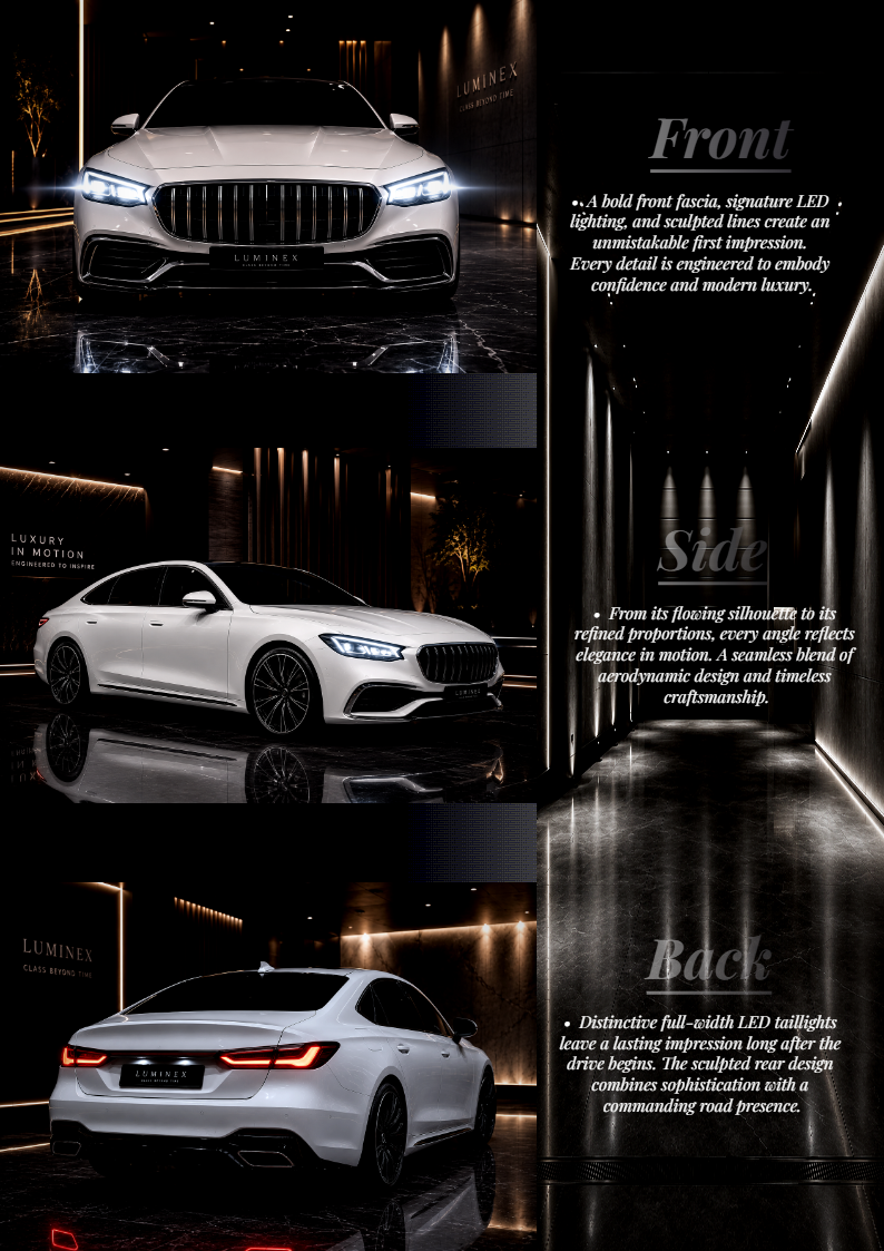 SARVARC Workspace creative design output — Luminex automotive brochure with front, side, and back detail panels