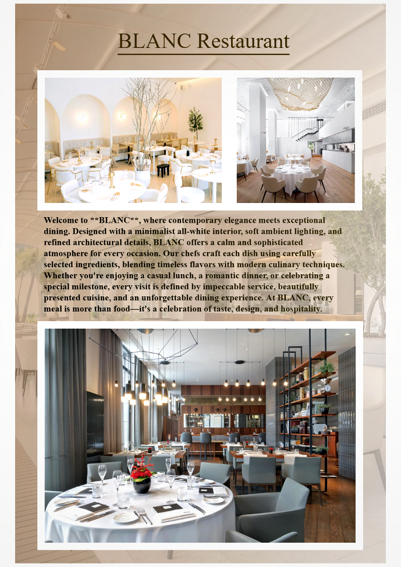 SARVARC Workspace creative design output — BLANC Restaurant one-page brand flyer