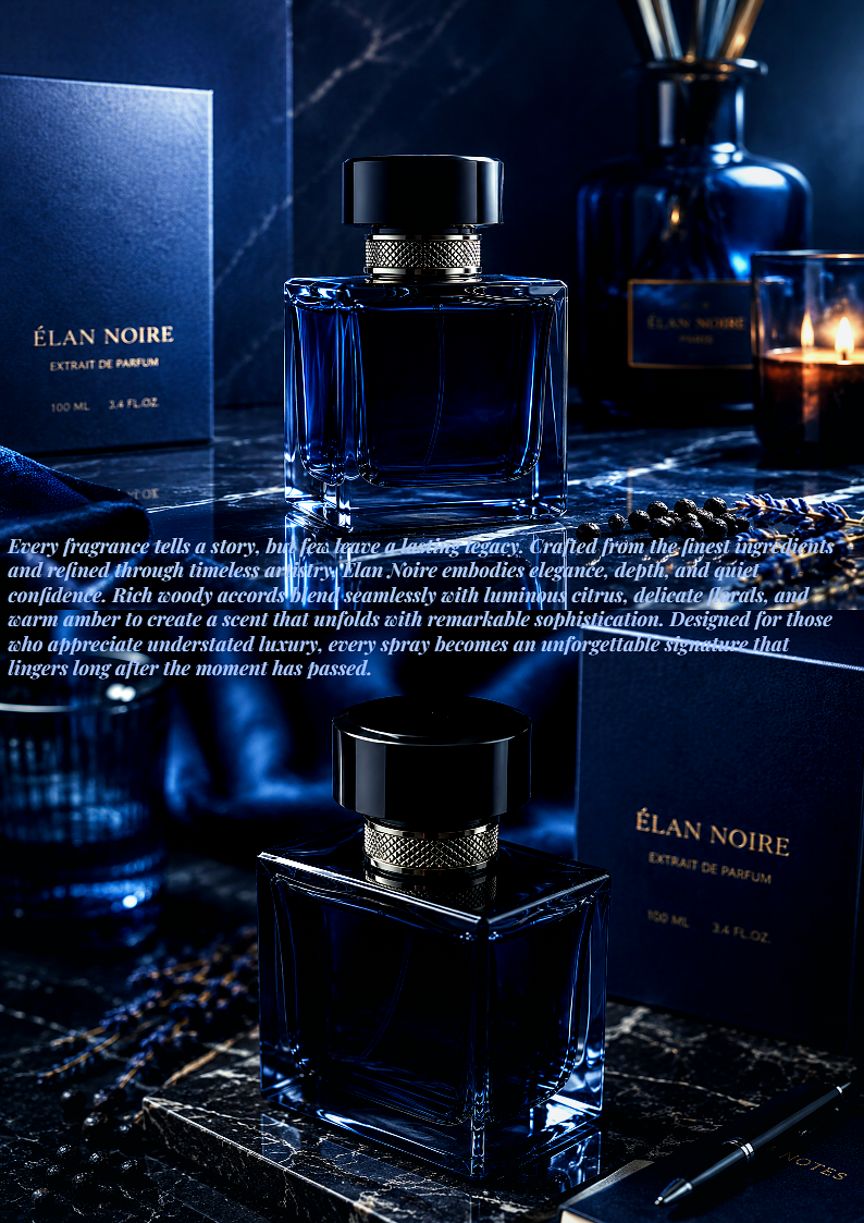 SARVARC Workspace creative design output — Élan Noire perfume product poster